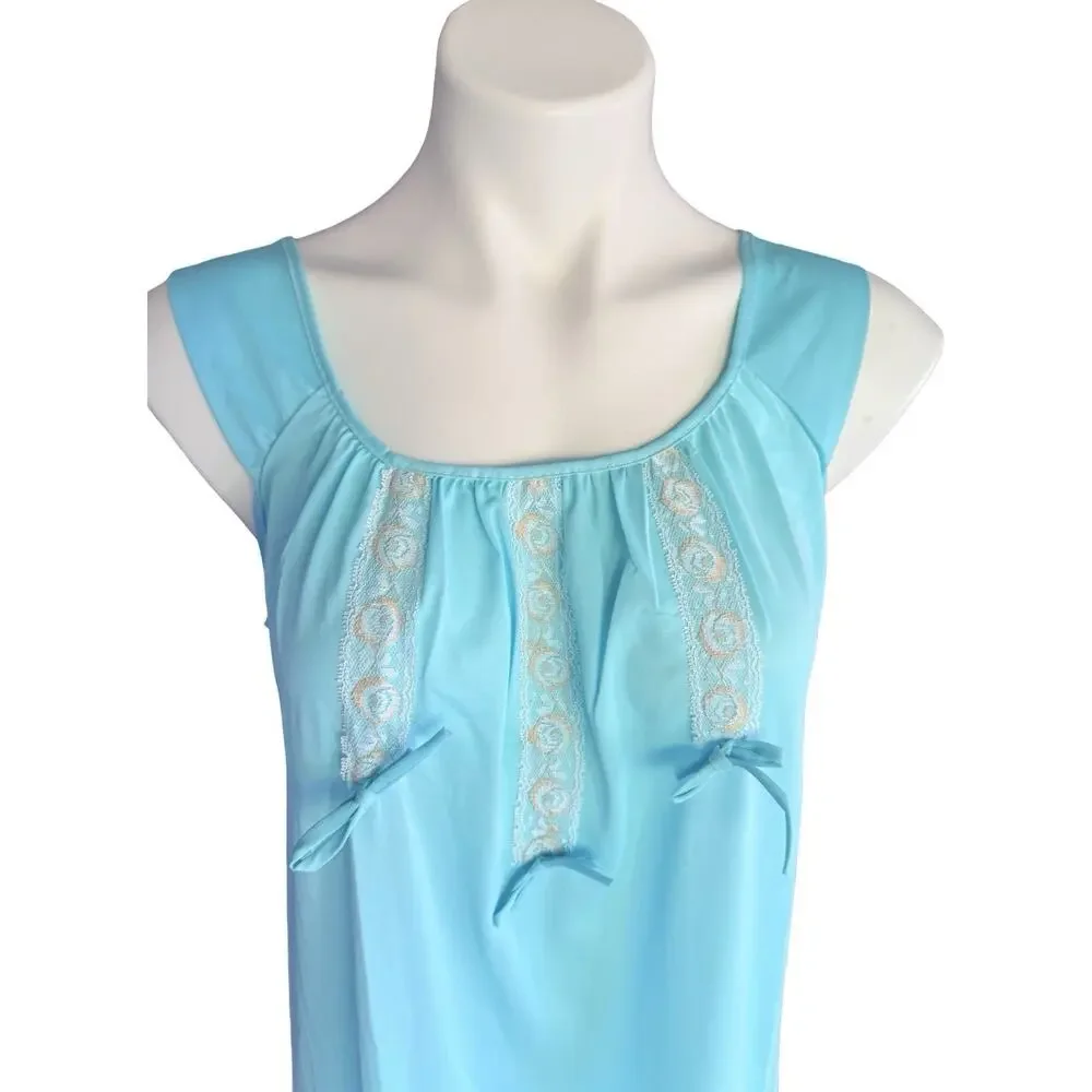 Berkliff Vintage NOS Nightgown Aqua Blue Nylon Lace Bow Maxi Small 32/34